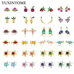 925 Sterling Silver Rectangle Colorful Zircon Stud Earrings For Women Simple Cute Korean Gold Earrings Fashion Jewelry Gift 2024