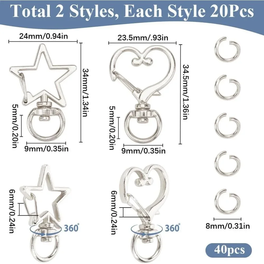 1 Box 40Pcs Swivel Lobster Clasp Silver Keychain Trigger Clasp Bulk Star Heart Shape Swivel Snap Hook Keychain Clip Alloy Spring