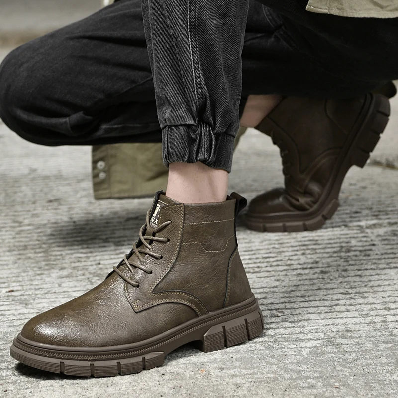 

Men High Top Workwear Boots PU Low Heel Round Toe Lace Up Fashionable Classic Men Shoes