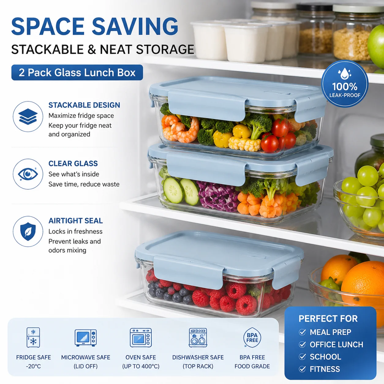 Lot de 2 contenants en verre pour la préparation des repas, sans BPA, boîte à lunch hermétique, empilables, pour le fitness, le bureau, le travail, l'école