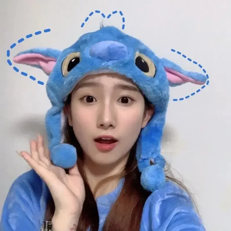 Miniso Kawaii Stitch Hat Anime Cinnamoroll Cute Girl Plush Keep Warm Blue The Hat Will Move When You Pinch Your Ears 2024 New