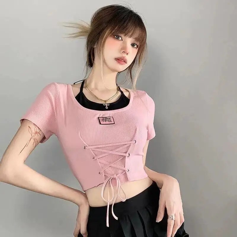 Retro Style Niche Design Sense Women Summer Color Clash Bf Style Sweet Heart Hot Girl Lace Up Unique Halter T Shirt Short Sleeve