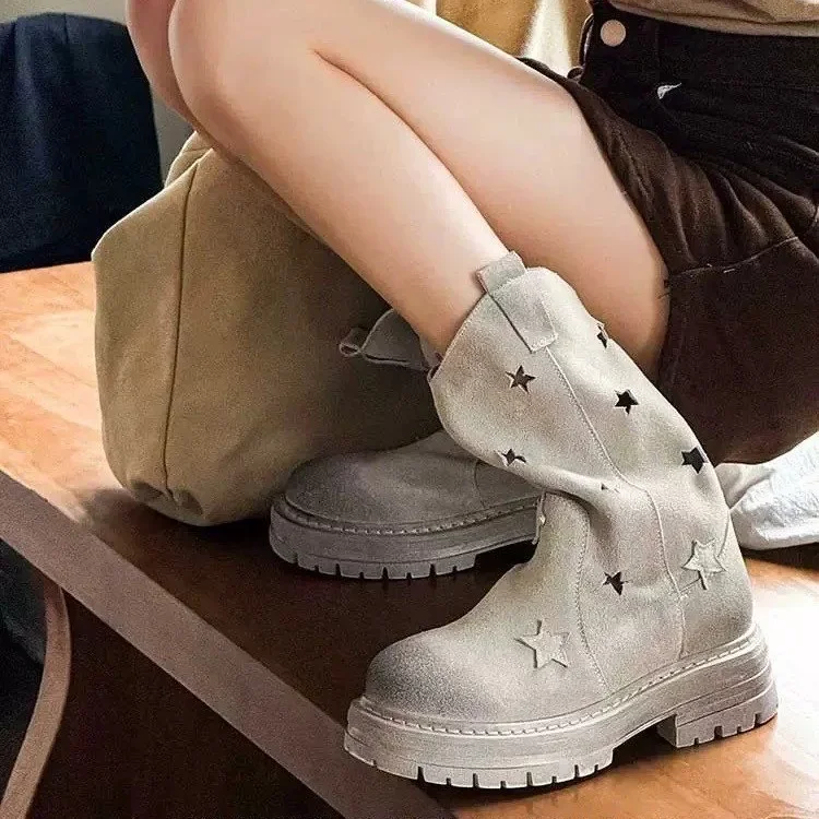 Spring/Summer 2024 Boots Thick Heel Short Boots French Vintage Hollow Star Pointed Western Women Cowboy Cowgirl Boots Goth Shoes