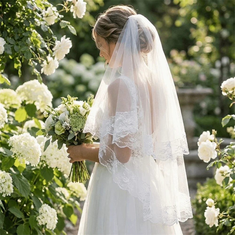 Double Layer Halloween Bridal Veil Black White Floral Edge Ghost Bride Veil Long Length Photo props Lace Tulle Veil