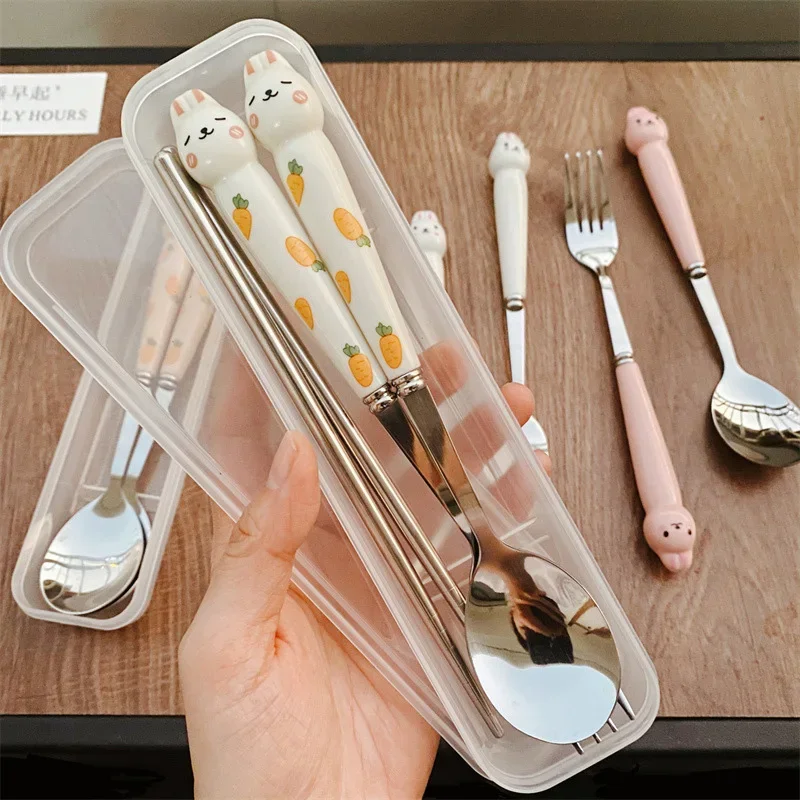 Tableware Set Spoon Fork Chopstick Cute Rabbit Student Portable