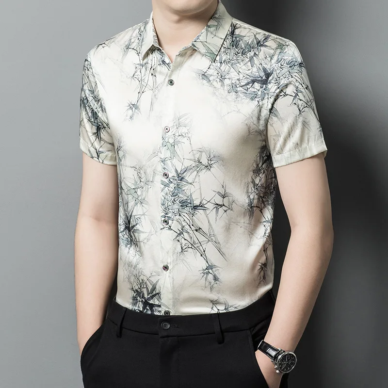 High Quality Real Silk Summer Men's Thin Short Sleeve Shirt Youth Fashion Casual Business All-Match Jacquard Top Men