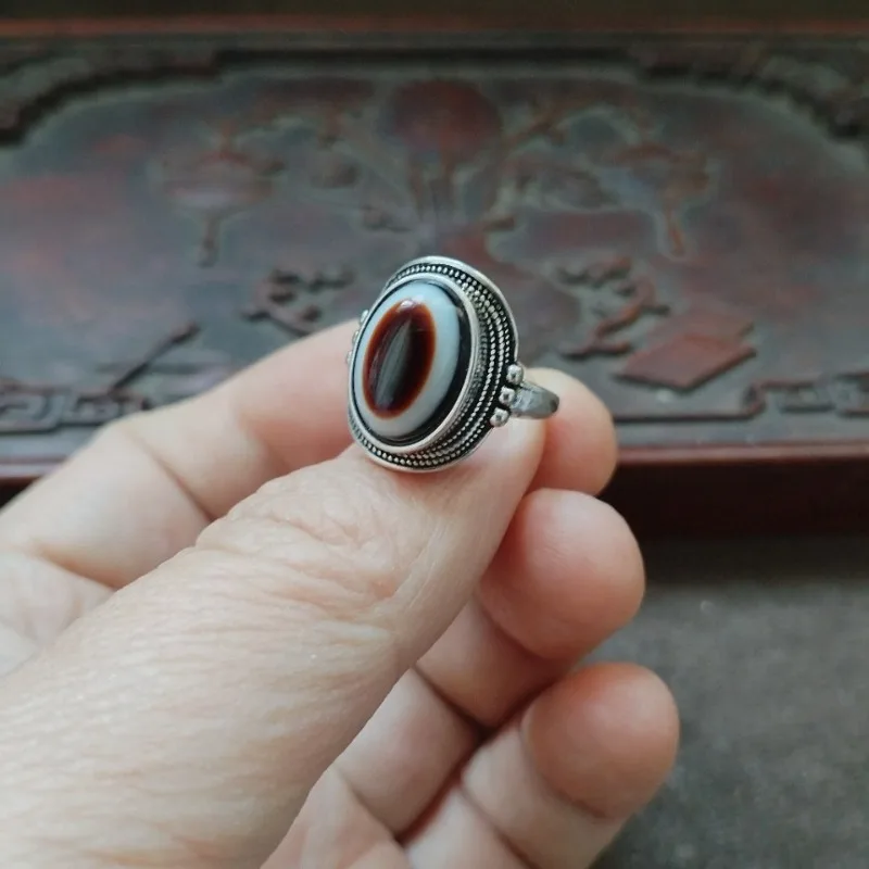 Vintage Ethnic Beaded Metal Ring Oval Striped Inlay Retro Tribal Unisex Statement Finger Jewelry Daily Decor Gift