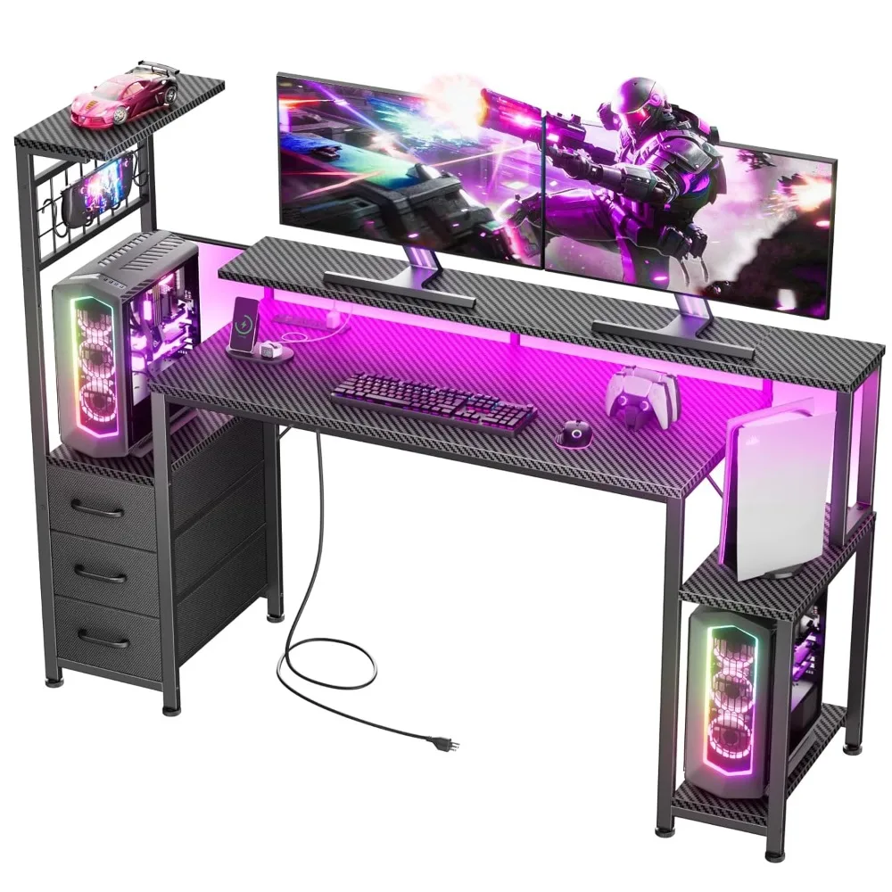 

55 Inch Gaming Desk with Bluetooth LED Lights & Power Outlets,Computer Desk with Fabric Drawers & Hooks,Reversible, Customized