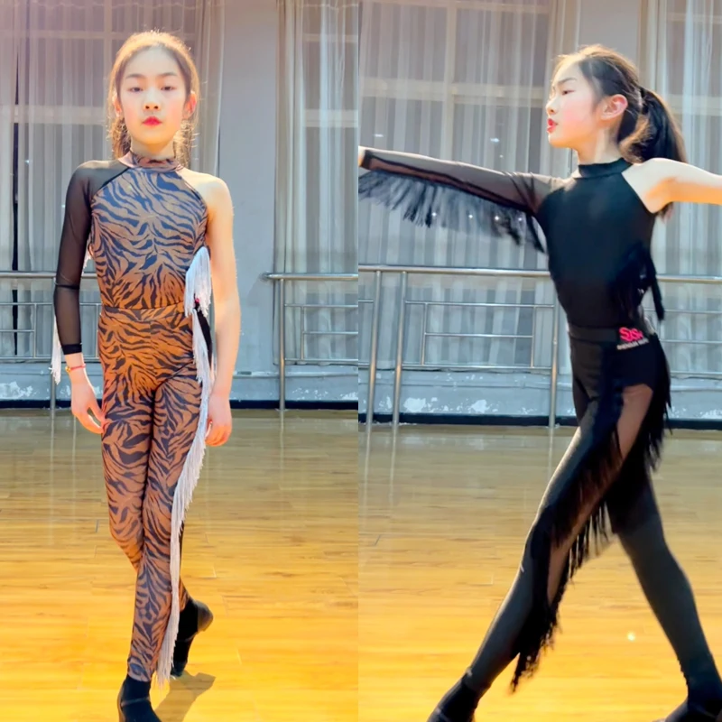 Girls Professional Latin Dance Costume Single Fringed Sleeve Top Latin Dance Pants Kids Ballroom Dance Competition Wear SL8783