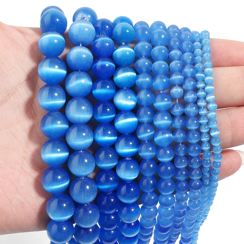 4/6/8/10/12mm Dark Blue Color Cat Eye Opal Beads Natural Stone Loose Beads for Jewelry Making DIY Bracelets Accessories 15''