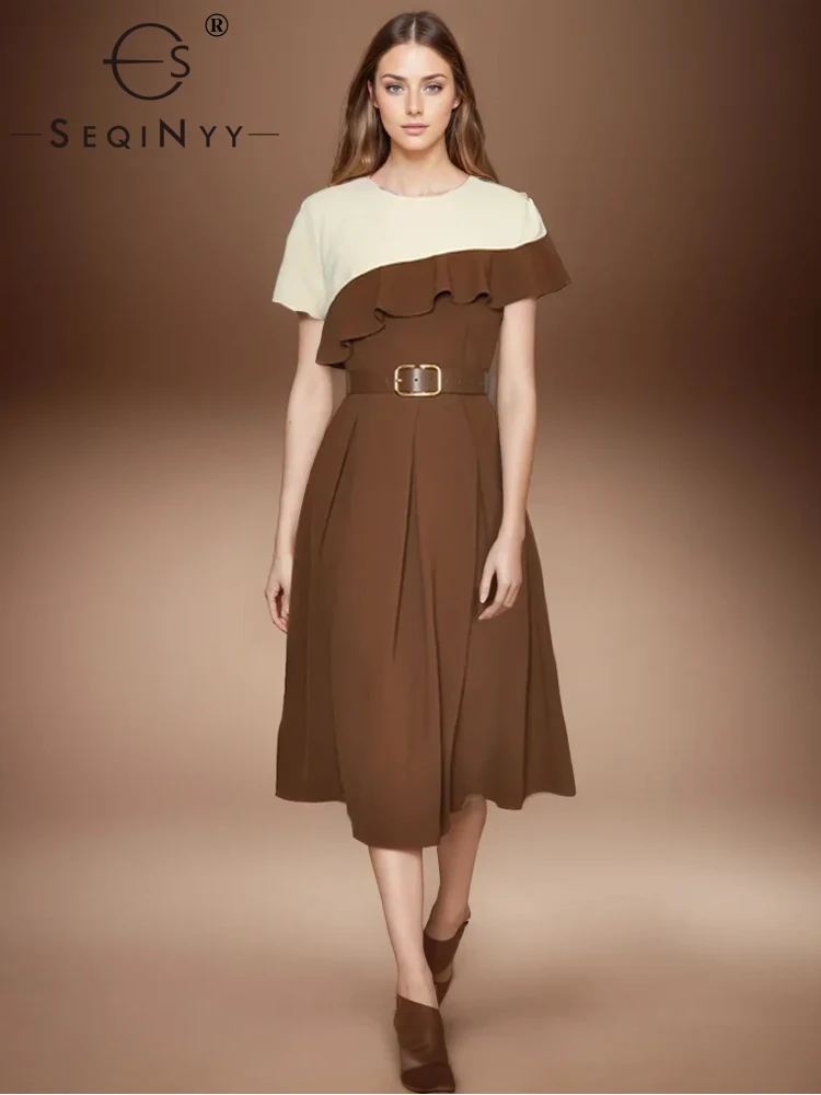 

SEQINYY Elegant Midi Dress Summer Spring New Fashion Design Women Runway High Street Short Sleeve Ruffles A-Line Pocket Belt