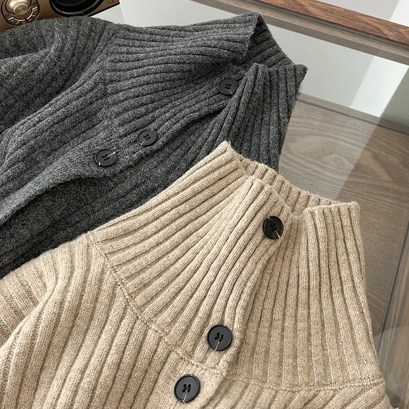 Two-piece Knitted Pants Sets Women Turtleneck Long Sleeve Pocket Sweater Cardigan Jacket Coat High Waist Wide Leg Trousers Suits