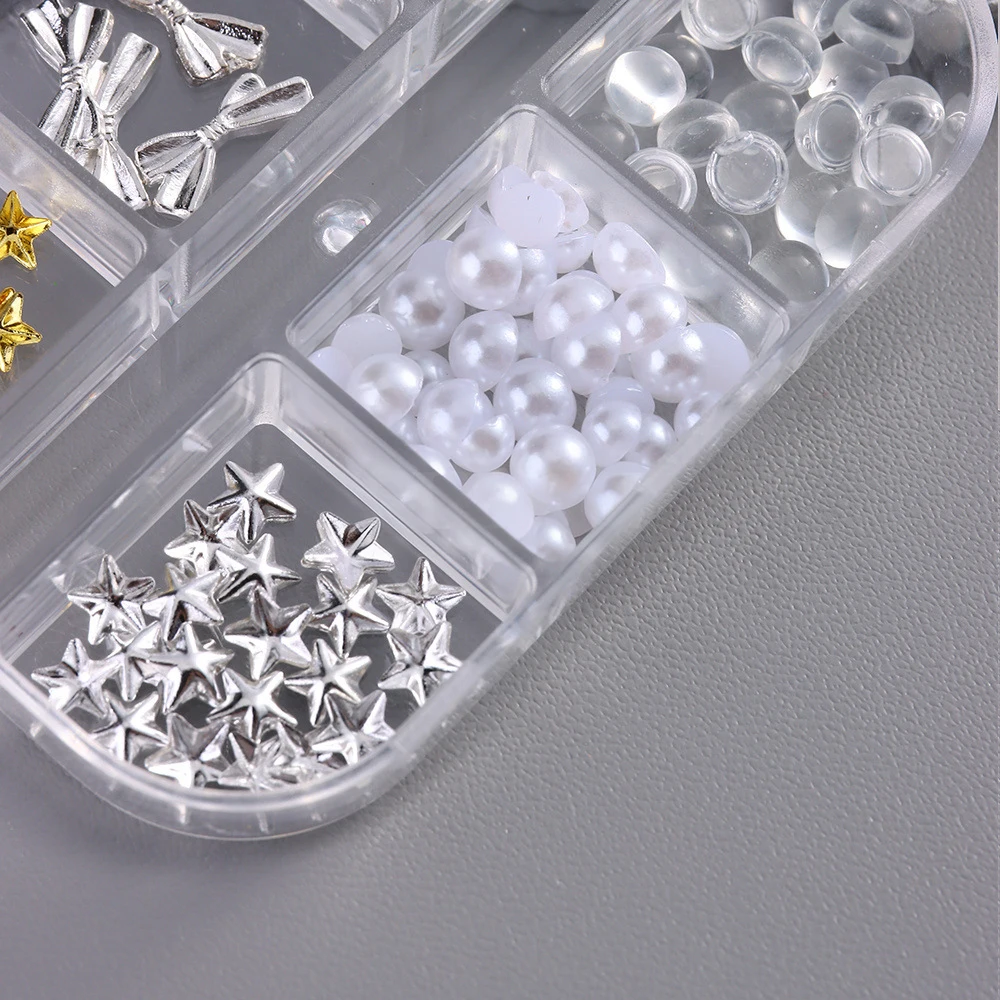 6 grade ouro prata estrela arco rebite studs prego charme meia redonda pérola contas arte do prego strass pentagrama gem manicure decoração