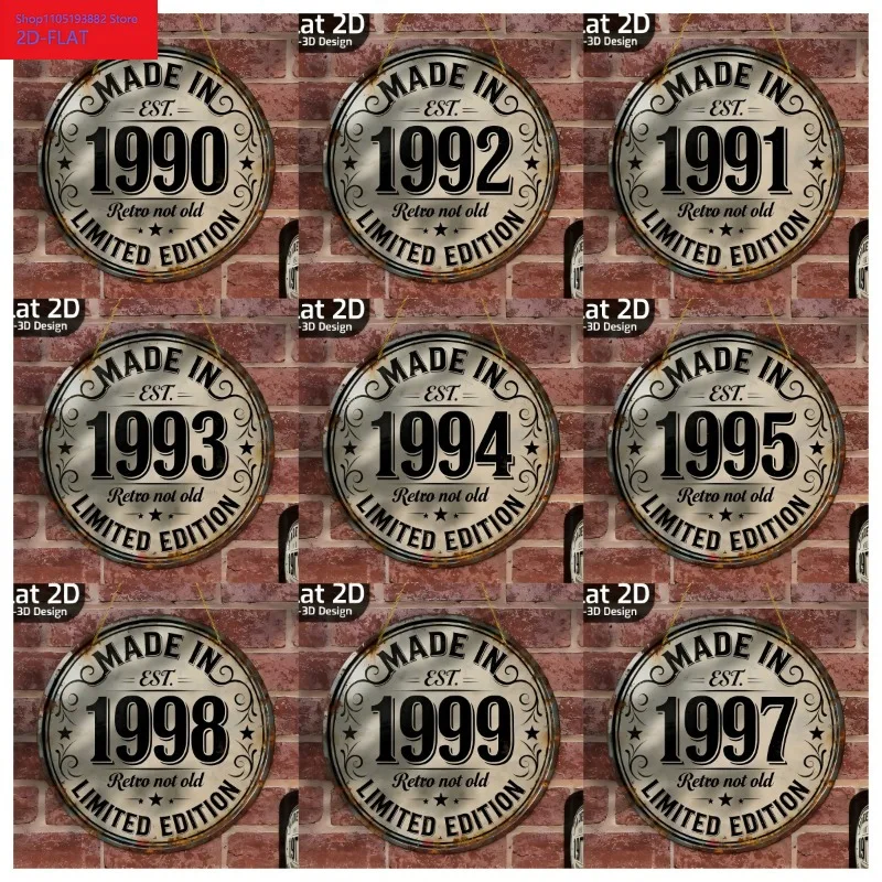 Wooden Vintage Round Made in 1990-1999 Sign, 2D Flat Print Retro Wall Art, Limited Edition Rustic Aesthetic Decor, 90s Year Birt