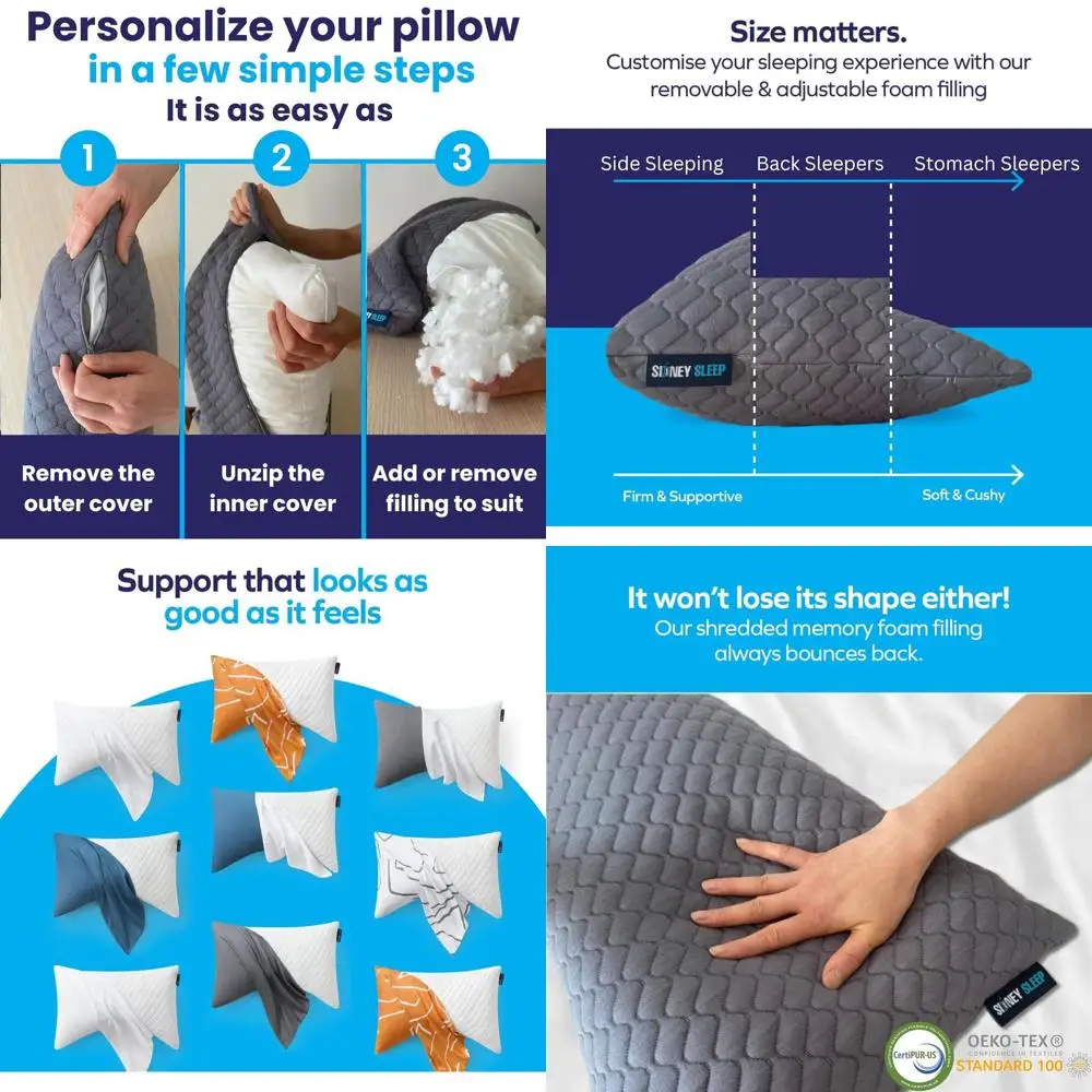 

Регулируемая подушка из пены с эффектом памяти King Size для сна по бокам/назад — поддержка шеи и плеч — настраиваемая измельченная пена (серая)