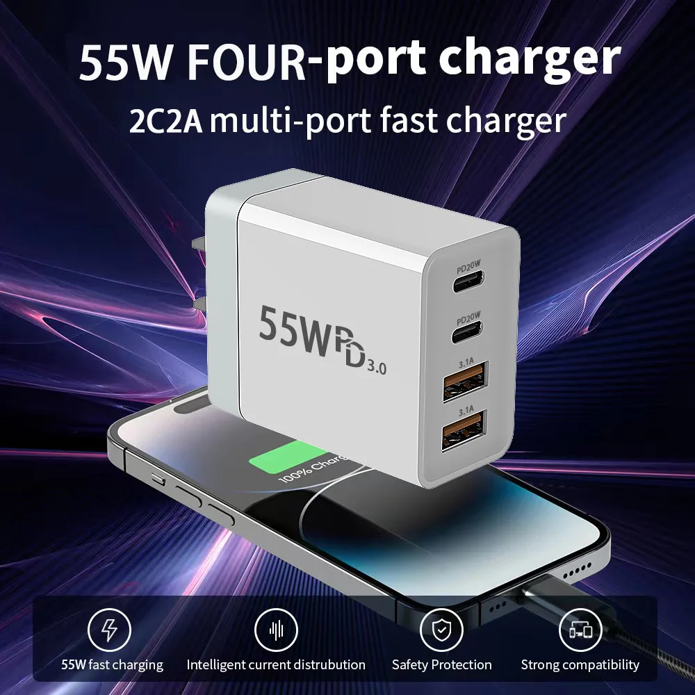 

55W USB C Charger Cube,Wall Plug Fast Charging Block, 4-Port PD+QC Power Adapter Multiport Brick Type C Box for iPhone Tablets