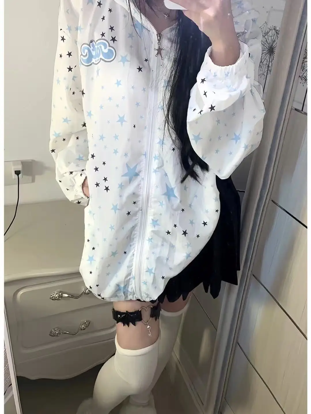 Japanese Style Star Print Hooded Zipper Jacket Women's Summer Thin Loose Sun Protection White Short Outerwear Commute Style