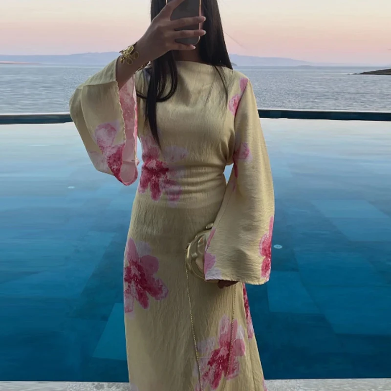 Jesienna Sukienka Damska Casual z Nadrukiem Boho Dekolt O Długi Rękaw Kwiatowa Żółta Sukienka Plażowa Wakacyjna Sukienka Damska na Imprezę Letnia