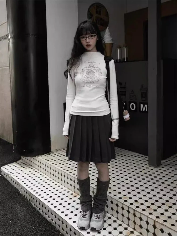 Y2K تي شيرت أبيض جرافيك للسيدات صيفي جديد عتيق Harajuku بأكمام طويلة نصف الياقة المدورة ملابس شارع عصرية كورية #3