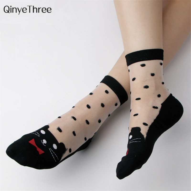 Women Cute print cat harajuku lace socks girl summer funny animal sokken Crystal Silk Mujer Chartres Cat kitten cat Chartreux
