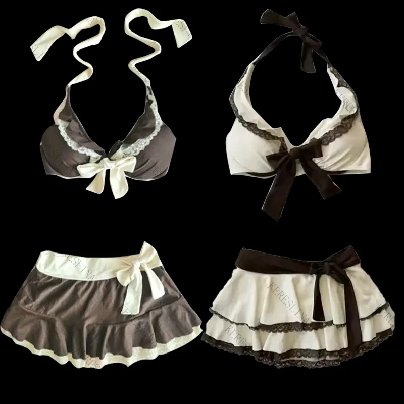 Bikini para mujer de color liso de los años 2000 bonito lazo de encaje de moda Vintage Harajuku casual versátil verano Sexy mini falda para mujer