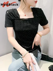 MadBlack European Clothes Tshirt Women Sexy Square Collar Ruched Hot Drill Slim Beaded Mesh Top Short Sleeve Tee Summer T45860JM