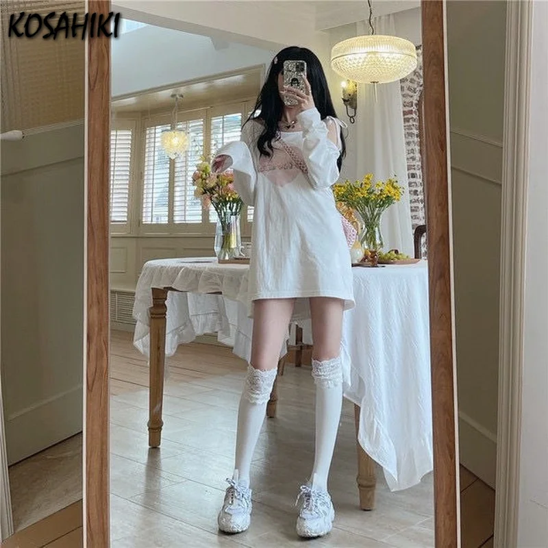 KOSAHIKI Off Shoulder T Shirts Women Bandage Letter Heart Printed Autumn 2024 New Loose Long Sleeve Sexy Korean Chic T-skirt