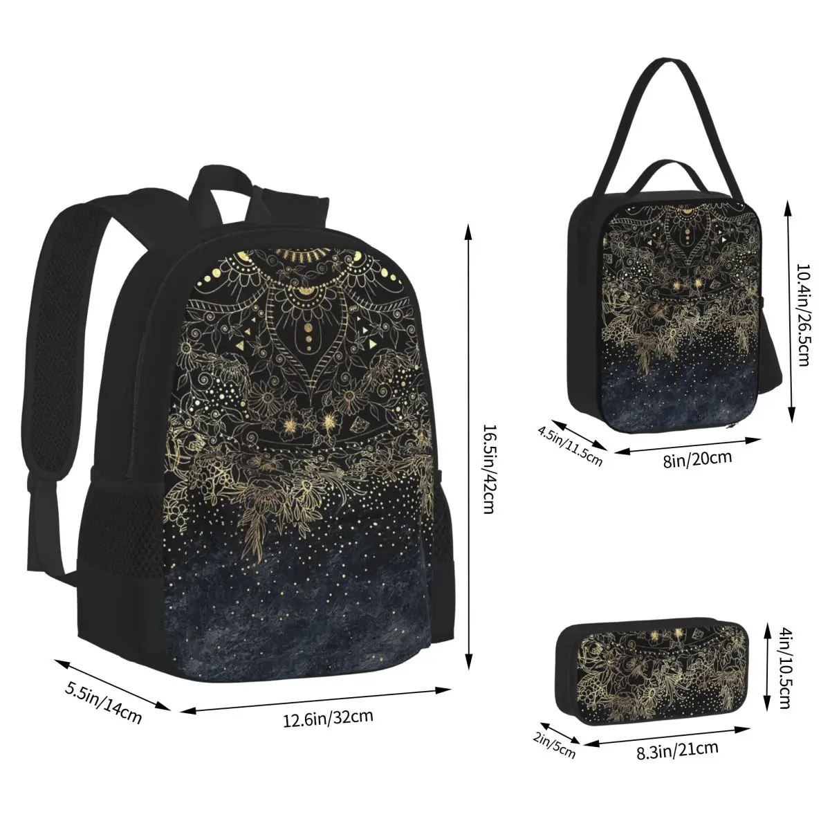 Blue Gold Mandala Floral Backpacks Boys Girls Bookbag School Bags Kids Rucksack Lunch Bag Pen Bag Three-Piece Set