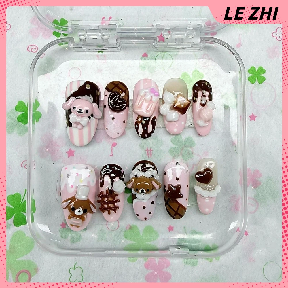 Dibujos animados Rilakkuma conejo gato hecho a mano corto cuadrado prensa en las uñas Bowknot copo de nieve alas notas musicales pegatina de fiesta de uñas