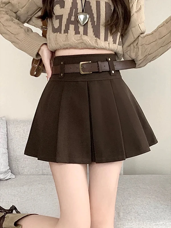 

plus Size Belted Woolen Plaid A-Line Skirt Women's Autumn Winter New Sle Anti-Light Slimming Pleated ort Skirt