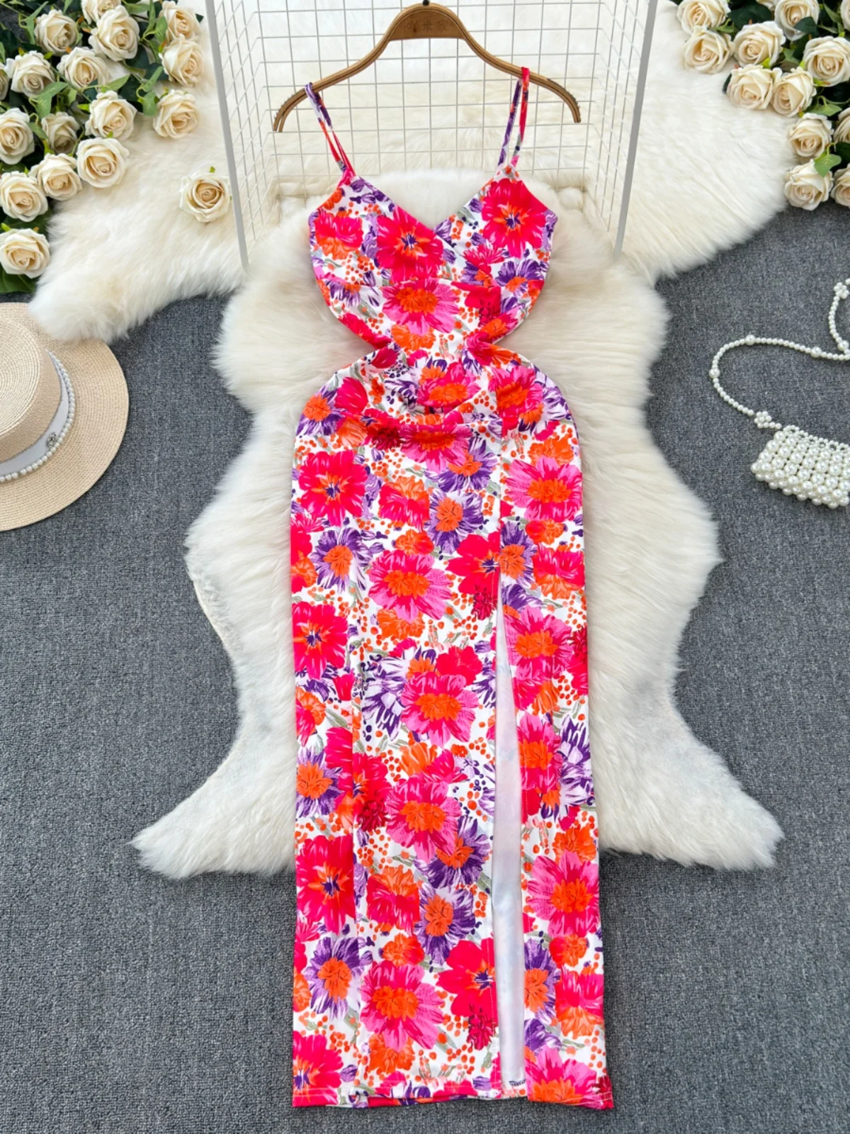 

Foamlina Summer Romantic Floral Print Sling Dress Women Sexy V Neck Sleeveless Slim High Split Holiday Beach Party Maxi Dress