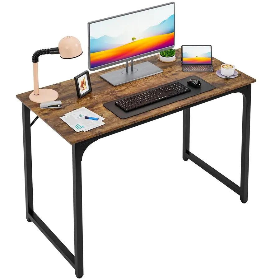 39 Inch Computer Desk Brown Office Desk with Metal Frame, Adjustable Feet WaterResistant, Scratchproof Surface Sturdy Writing Ta