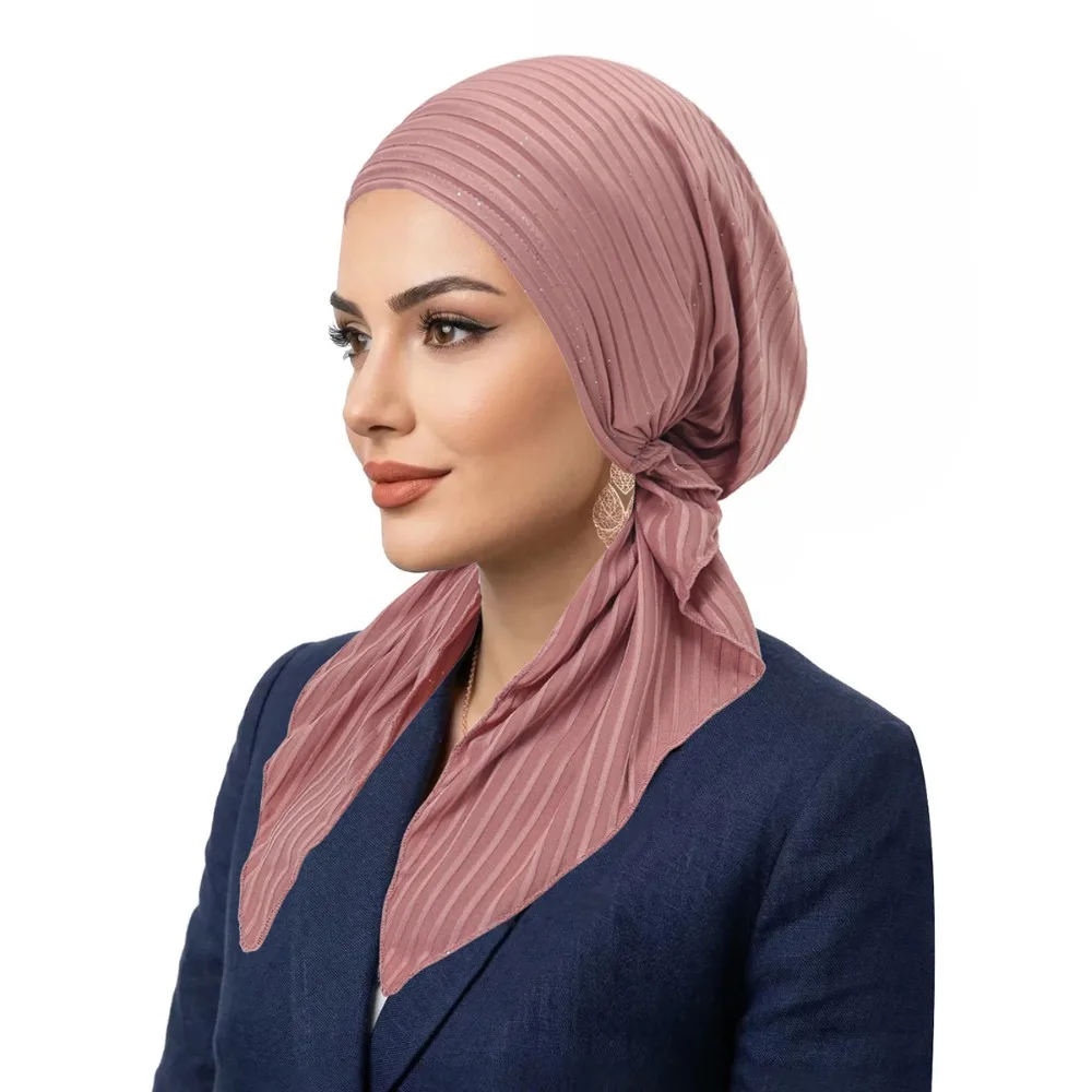 Trendy Stretch Fabric Pre-Tied Turban Fine Knit Breathable Headscarf Lightweight Bonnet Hat Women
