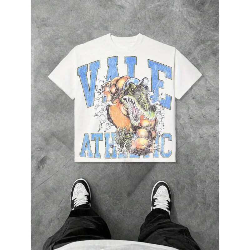 Retro Vale Sports Muscle Crocodile Pattern T-shirt Y2K Retro Crack Floral Print Men's Style