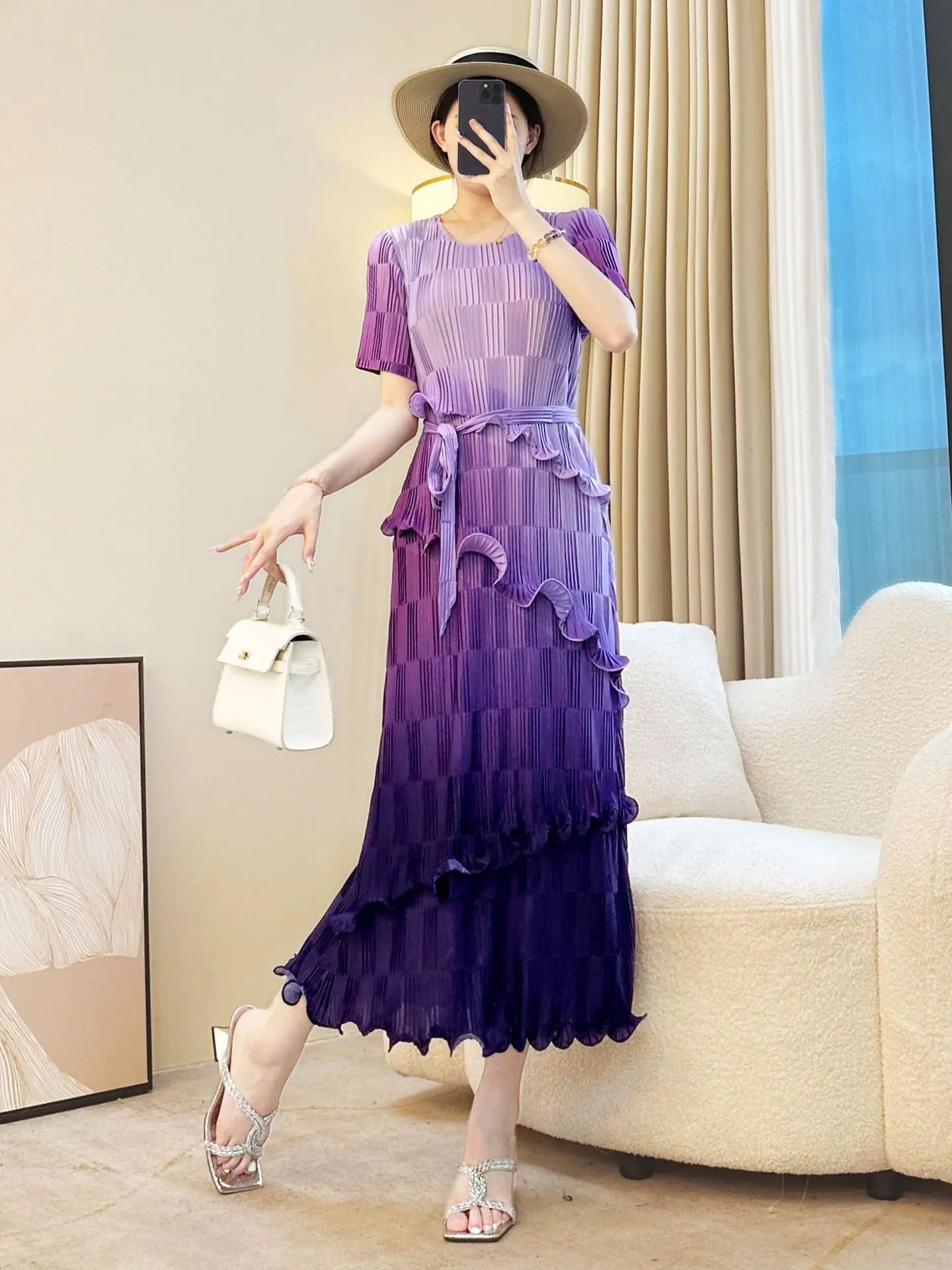 

Miyake 2025 New Summer High-end Long Dress Temperament Gradual Change Color Fungus Edge Pleated Dresses Women's Clothing