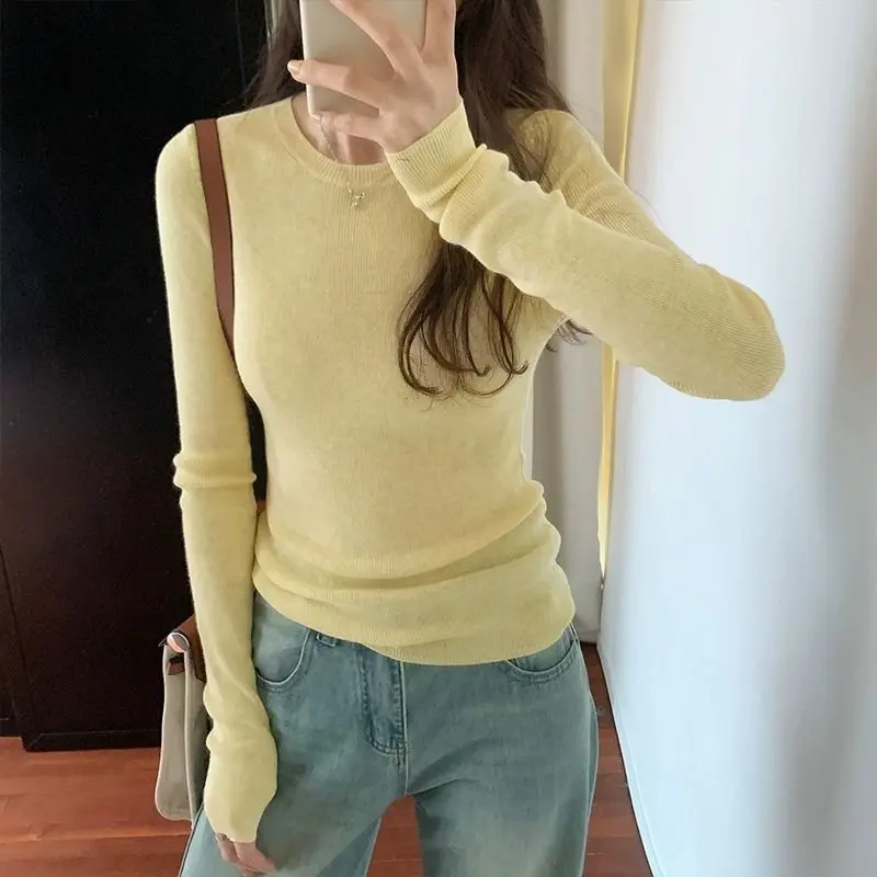 German Rong Knitted Sweater Women\'s Threaded Slim Pullover Bottoming Autumn Winter Round Neck Right Shoulder Long Sleeve Top
