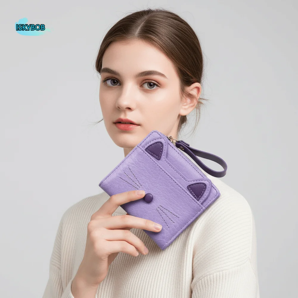 

Fashion Short Cat Wallet Zipper Multi Card Position Cartoon Wallet with Lanyard Korean Style Student Card Coin Purse Girls