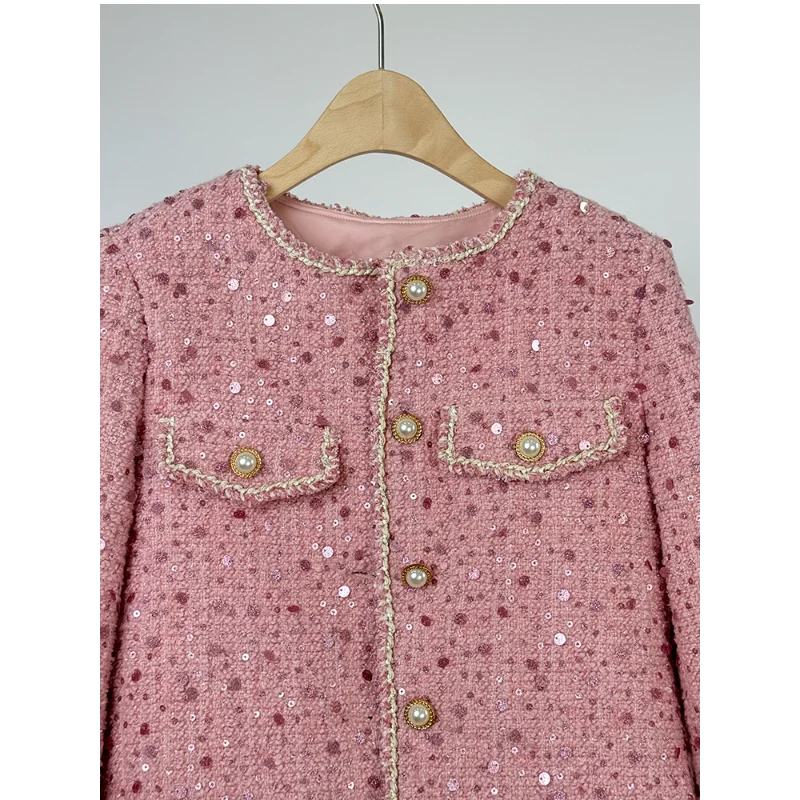 Women High-quality Pink Sequin Tweed Short Coat Fashion Sweet Shiny Versatile Long-sleeved Fragrance French Lady Short Coat view 3