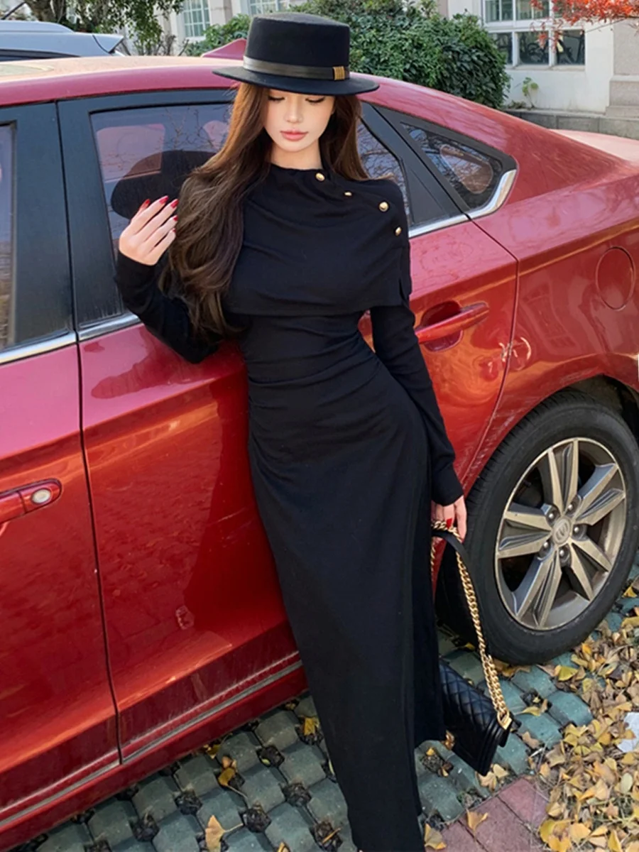 Elegant Commute Long Sleeve Little Black Dress Slimming Design Shoulder Shawl High Waist H-Shape Silhouette City Chic Dress