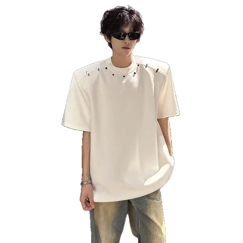 Men's New Casual Crew Neck Short Sleeve Metal Buckle Decor Trendy Versatile Slim Fit Daily Commute Streetwear Breathable T-Shirt