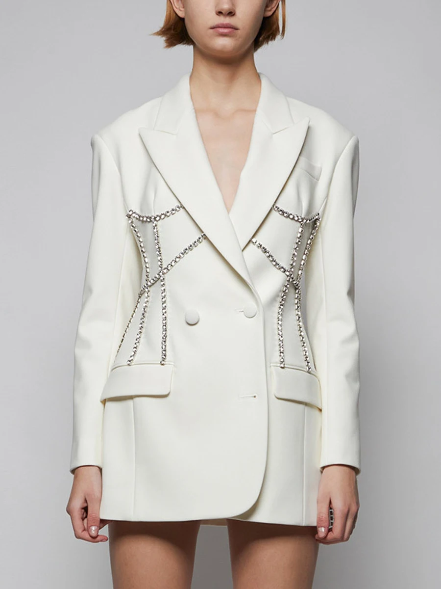 

Slimming Effect Korean Sle Faionable Diamond Beaded Western Suit Jaet Women's Mid-Length Waist-Cinching Outerwear