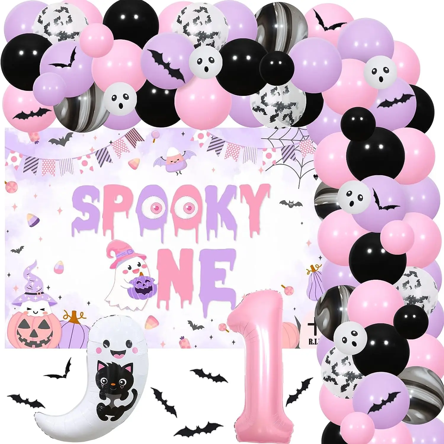 

Cheereveal Halloween 1st Birthday Party Decorations for Girl Spooky One Backdrop Pink Purple Black Ghost Balloon Garland Arch