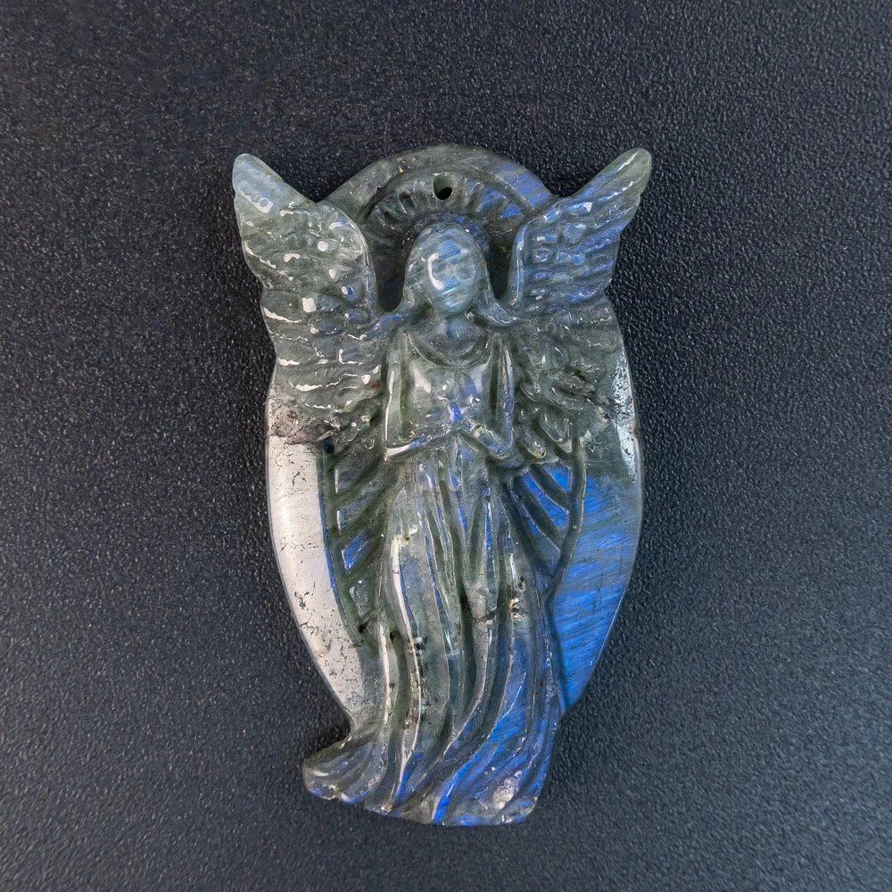 Genuine Untreated Labradorite Gemstone Pendants for Necklace Exclusive AAA Quality Angel with Iridescent Flash 45X27X9mm