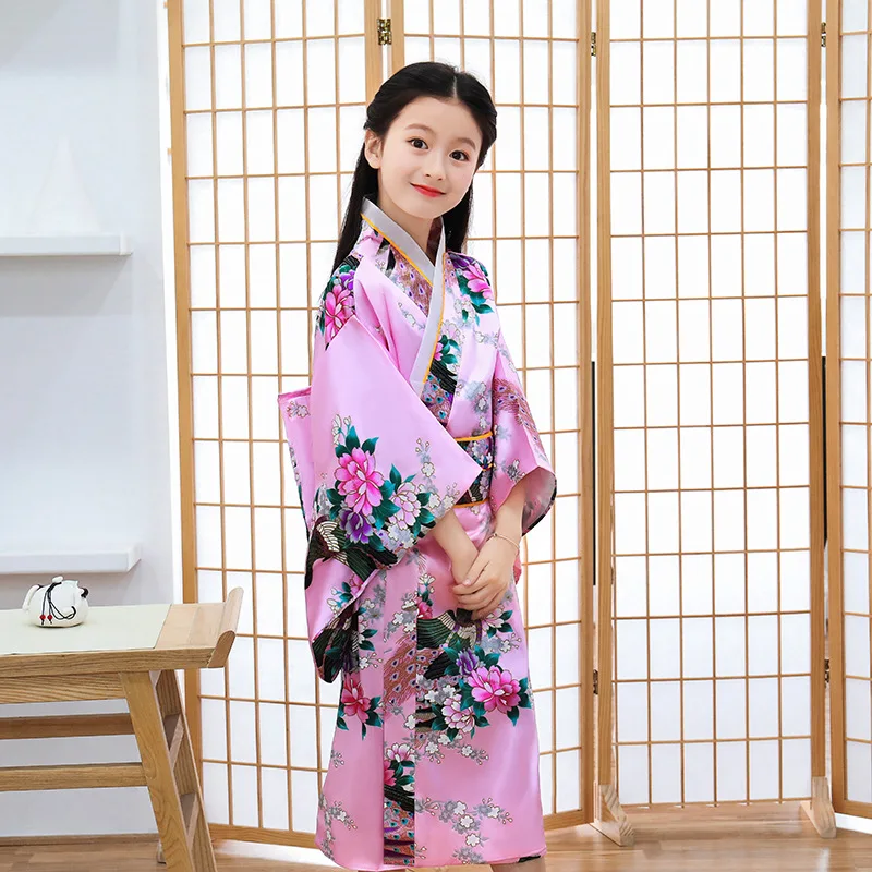 Kostum Cosplay pertunjukan antik Kimono Jepang baru anak-anak kostum Cosplay pakaian Asia tradisional dicetak bunga Yukata dengan Obi