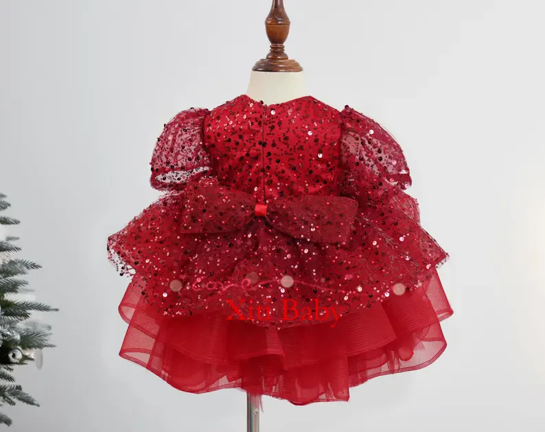 Pretty Infant Toddler Flower Girl Dress Wedding Birthday Princess Beads Tulle Bowtie Pageant Dress Bow Sequins Formal Prom Gowns