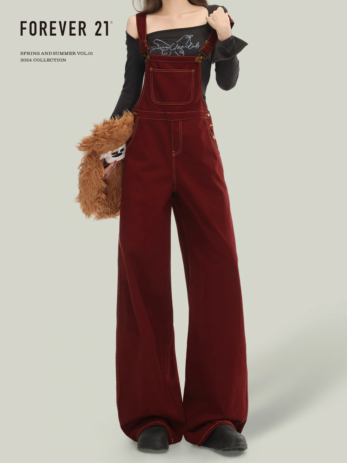 

Forever 2, широкие комбинезоны с высокой талией в американском стиле, женские свободные джинсовые брюки на бретелях, зимняя коллекция красного цвета