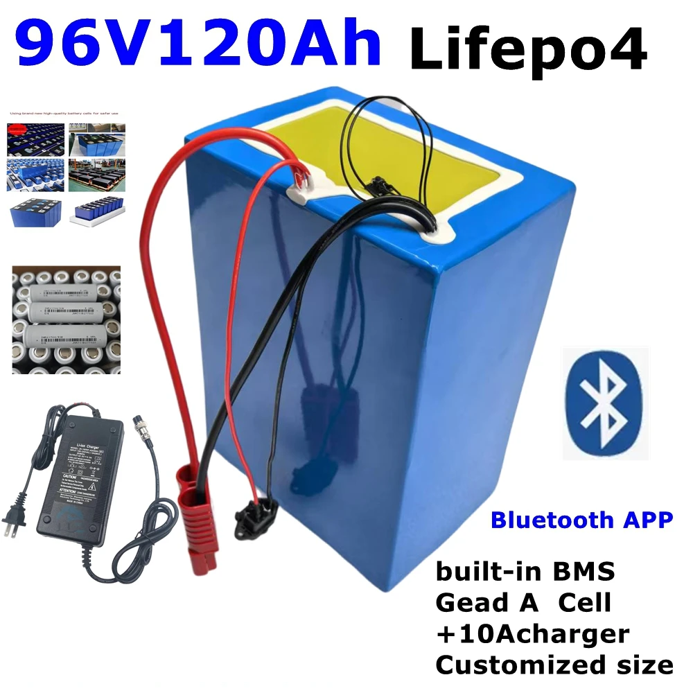 LT-96v 120ah bateria de íon de lítio li ion bluetooth bms app para 5000w motor robô scooter bicicleta motocicleta agv bicicleta + carregador 10a