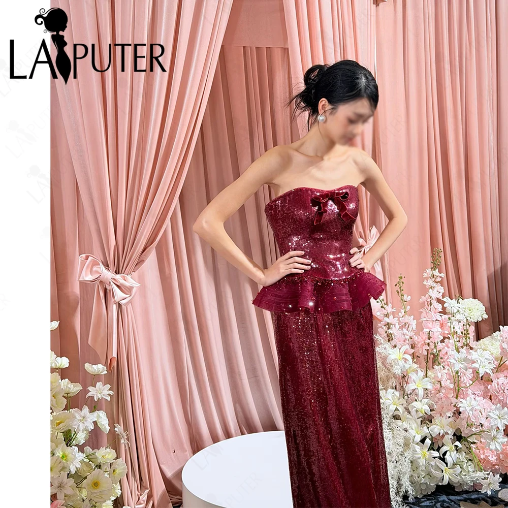 Burgundy Sequin Column Evening Dresses Floor Length Fit Body Prom Dress Tiny Bow Knot Corset Peplum Dark Red Formal Dress