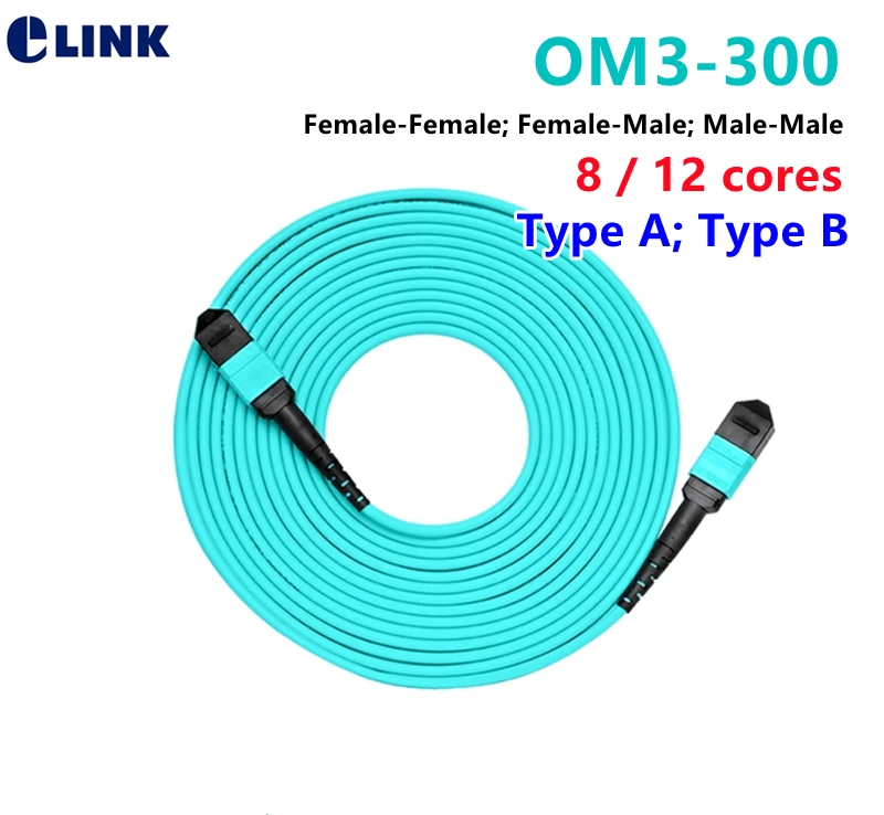 MPO-MPO patchcord OM3-300 8 12 cores type A type B round female male 3m 15m fiber optic lead aqua cable OM3 MTP 12 strand jumper