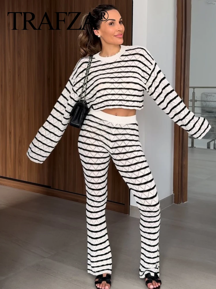 TRAFZA 2024 Women Stripe Knitted Long Pants Sets Casual Hollow Out O-neck Long Sleeve Pullover Wide Leg Trousers 2 Pieces Suits